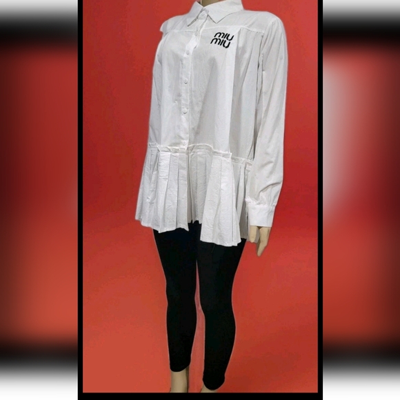 Miu Miu White Cotton Poplin Pleated Bottom Women's Top Medium - Picture 1 of 12